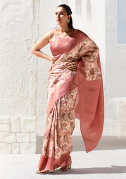 Peach Art Silk Printed Zari Border Saree