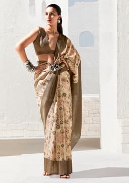 Beige Brown Art Silk Designer Saree with Zari Border