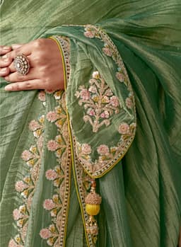 Sage Green Organza Saree with Floral Embroidery Border