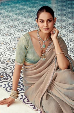 Beige Tissue Organza Saree with Zari Embroidery Border