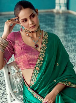 Emerald Green Silk Saree with Zari Border Blouse