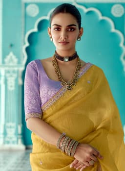 Mustard Yellow Tissue Saree with Embroidery Border