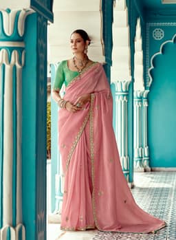 Blush Pink Tissue Saree with Embroidery Border