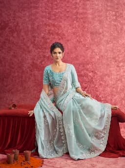 Aqua Galaxy Saree with Intricate Threadwork Border