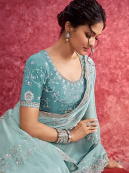 Aqua Galaxy Saree with Intricate Threadwork Border