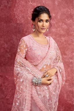 Blush Net Saree with Delicate Floral Hand Embroidery