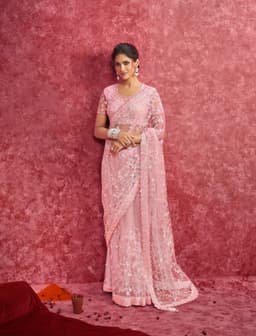 Blush Net Saree with Delicate Floral Hand Embroidery