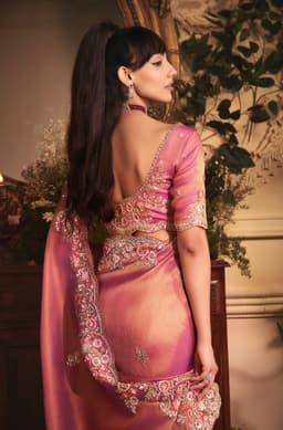 Rose Pink Tissue Organza Saree with Heavy Stone Work