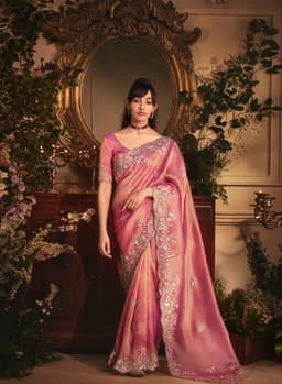 Rose Pink Tissue Organza Saree with Heavy Stone Work