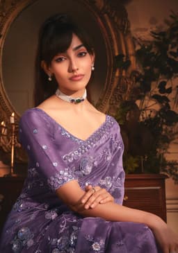 Lavender Organza Saree with Floral Embroidery Work