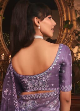 Lavender Organza Saree with Floral Embroidery Work