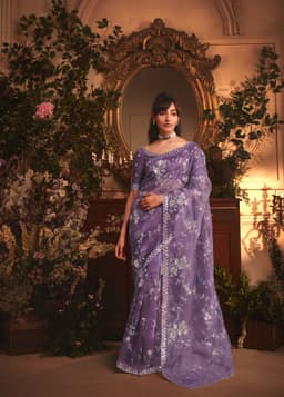 Lavender Organza Saree with Floral Embroidery Work