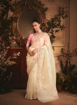 Ivory Organza Saree with Floral Border Embroidery