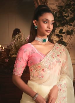 Ivory Organza Saree with Floral Border Embroidery