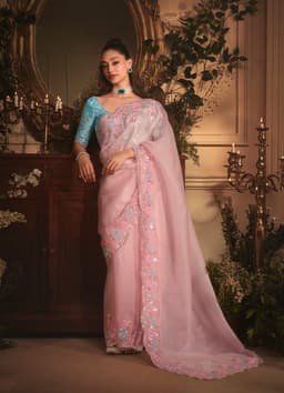 Blush Pink Organza Saree with Floral Border
