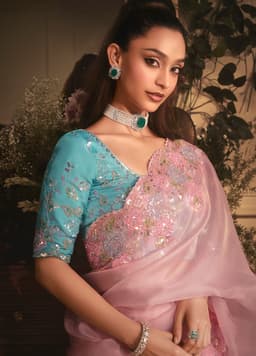 Blush Pink Organza Saree with Floral Border