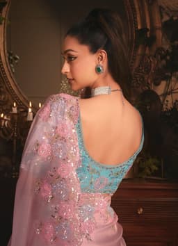 Blush Pink Organza Saree with Floral Border