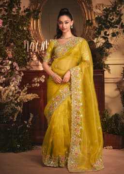 Mustard Yellow Organza Saree with Floral Border