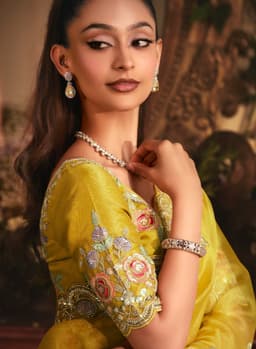 Mustard Yellow Organza Saree with Floral Border