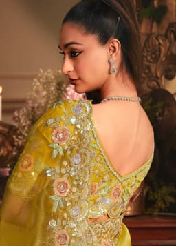 Mustard Yellow Organza Saree with Floral Border
