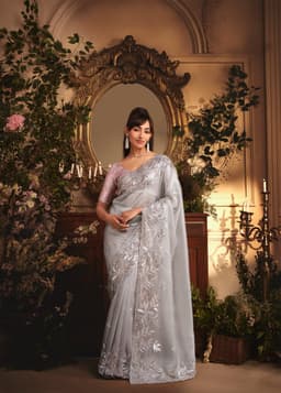 Ice Grey Organza Saree with Silver Floral Work