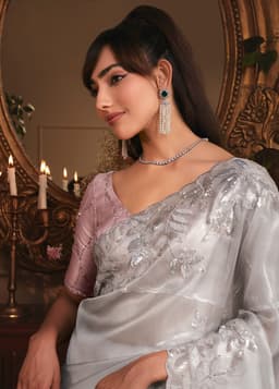 Ice Grey Organza Saree with Silver Floral Work