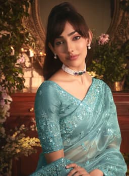 Aqua Blue Organza Saree with Floral Embroidery