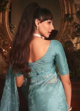 Aqua Blue Organza Saree with Floral Embroidery