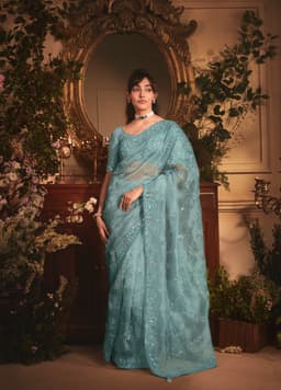 Aqua Blue Organza Saree with Floral Embroidery