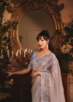 Lilac Grey Tissue Saree with Pastel Embroidery