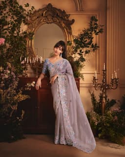 Lilac Grey Tissue Saree with Pastel Embroidery