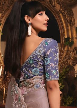 Lilac Grey Tissue Saree with Pastel Embroidery