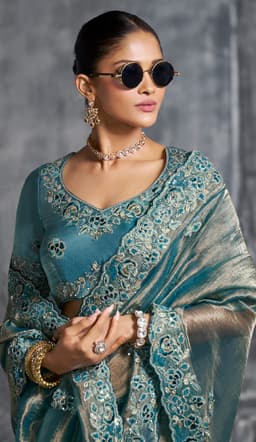 Teal Tissue Zari Designer Saree
