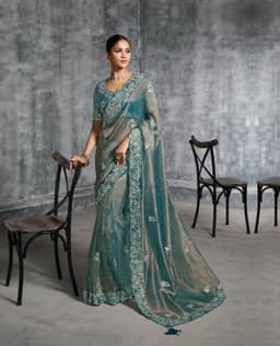Teal Tissue Zari Designer Saree