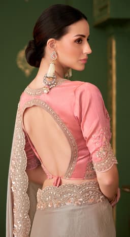 Silver Grey Satin Georgette Silk Bridal Reception Saree
