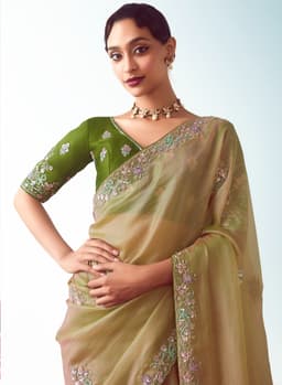 Olive Gold Embroidered Wedding Saree