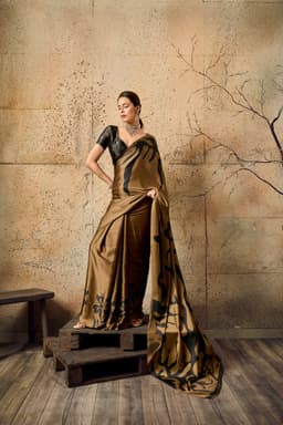 Brown Modal Satin Ajrakh Print Saree