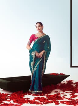 Teal Green Embroidered Wedding Saree