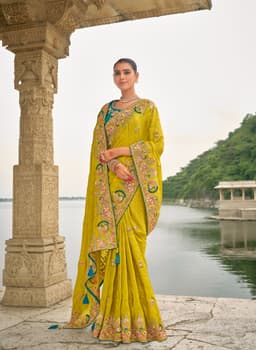 Lime Pure Viscose Jacquard Khatli Festive Saree