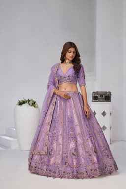 Lavender Banarasi Silk Bridal Lehenga for Women Front View