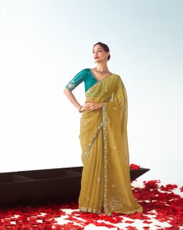 Golden Olive Designer Wedding Saree with Handwork