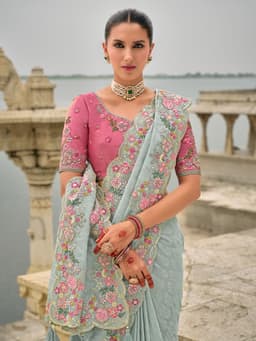 Sky Blue Viscose Jacquard Khatli Bridal Saree