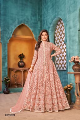 Peach Net Anarkali Suit