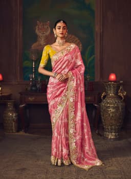 Candy Pink Silk Saree with Floral Embroidery