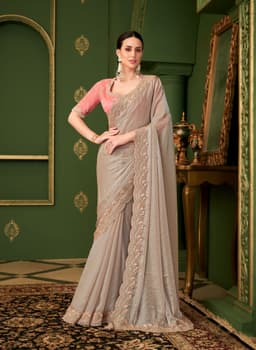 Silver Grey Satin Georgette Silk Bridal Reception Saree