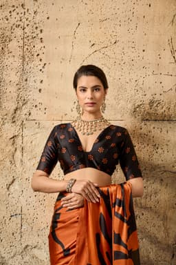 Burnt Orange Modal Satin Ajrakh Print Saree