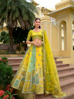 Luxury Lemon Yellow Mint Green Silk Lehenga for Women Front View