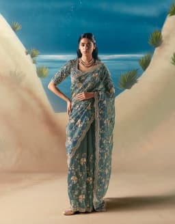 Teal Blue Party Wear Satin Organza Saree