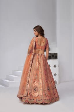 Rust Orange Banarasi Silk Bridal Lehenga for Wedding Back View
