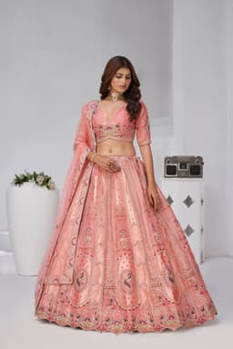 Pink Banarasi Silk Bridal Lehenga Choli Front View